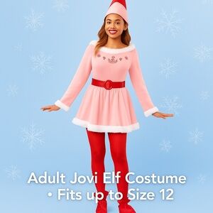 Elf Jovi Costume Women’s Pink Dress Hat Belt Shoe Covers Holiday Christmas